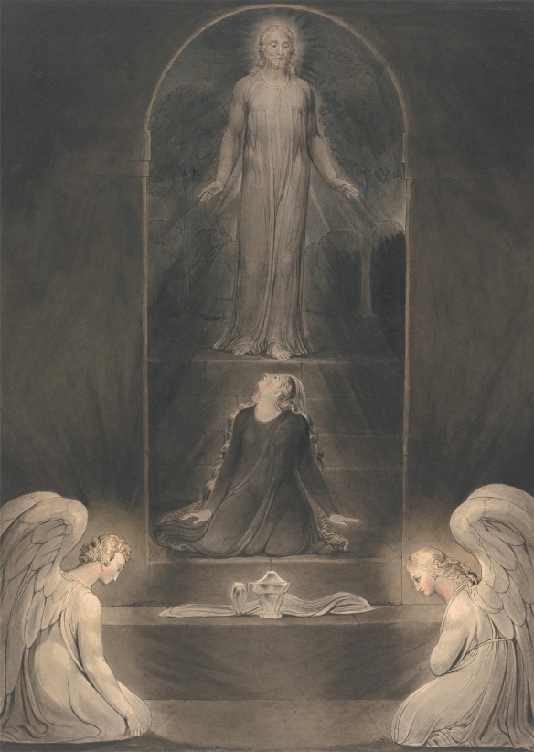 William Blake, 'Mary Magdalen at the Sepulchre' (c.1805). Watercolor with pen and ink on paper. 17 1/4 x 12 1/4 inches (43.8 x 31.1 cm). Yale Center for British Art, Paul Mellon Collection.  http://collections.britishart.yale.edu/vufind/Record/1670856  