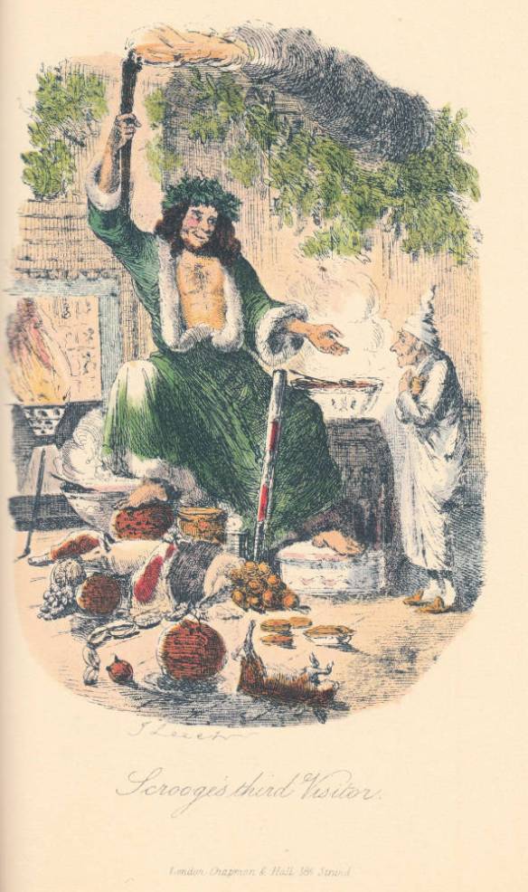 "The Second of The Three Spirits" or "Scrooge's third Visitor" John Leech 1843 Steel engraving, hand-coloured 12.2 cm x 8.3 cm vignetted Fifth illustration in A Christmas Carol (London: Chapman and Hall, 1843), facing p. 78. The fifth illustration is John Leech's introduction to literature of that "pre-Father Christmas" figure, the Spirit of Christmas Present, not quite sitting on a "couch" or "kind of throne" (77), but decidedly "a jolly Giant, glorious to see; who [bears] a glowing torch, in shape not unlike Plenty's horn" (77). http://www.victorianweb.org/art/illustration/carol/5.html Scanned image and text by Philip V. Allingham.